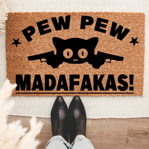 Pew Pew Madafakas Doormat, Cat Gun Pet Doormat, Housewarming